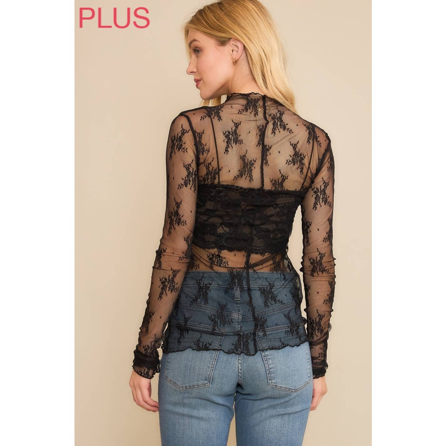 Curvy Size Mesh Lace Top in Black