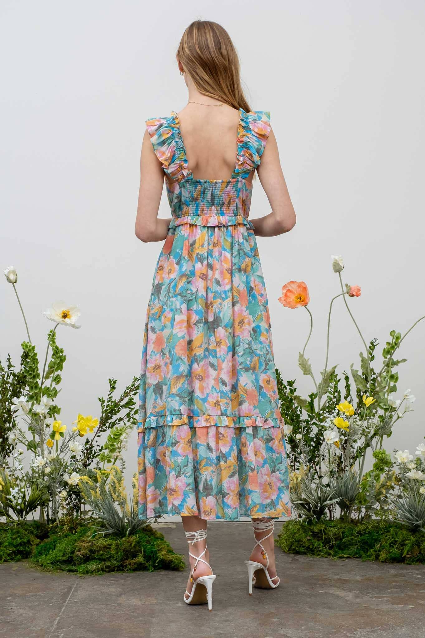 Watercolor Floral Print Ruffle Midi Dress