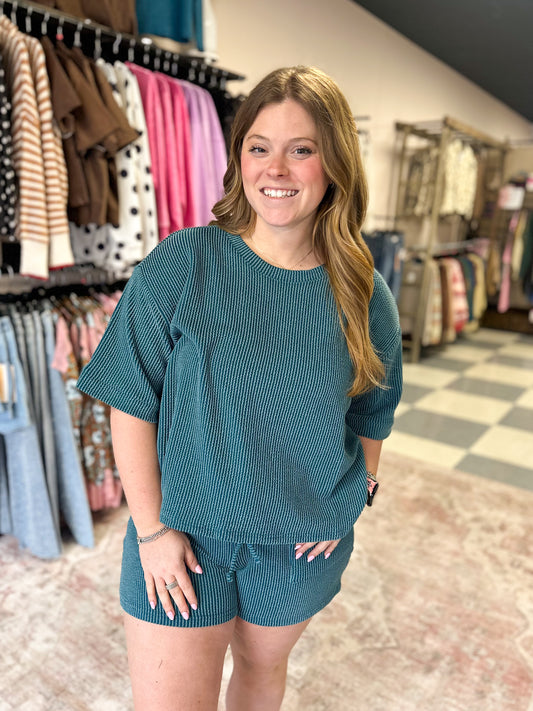 Ribbed Short Sleeve Set in Teal
