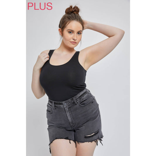 Mica: Curvy High-Rise Distressed Black Shorts