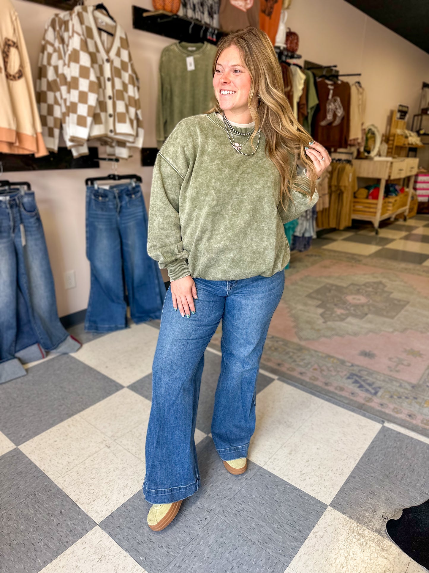 Light Olive Washed Oversize Fleece Pullover