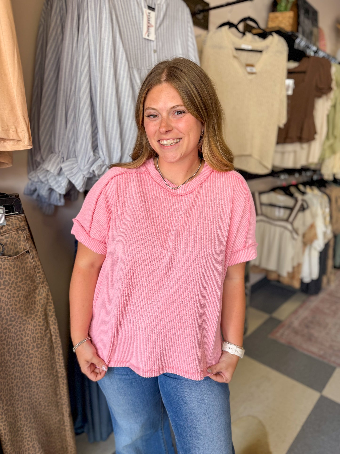 Dark Pink Ribbed Cuff Sleeve Top