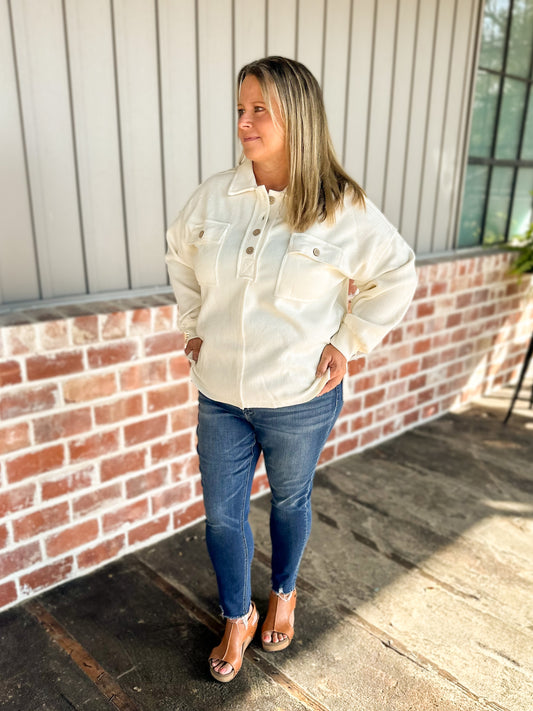 Henley Collared Button Down Knit Top in Cream