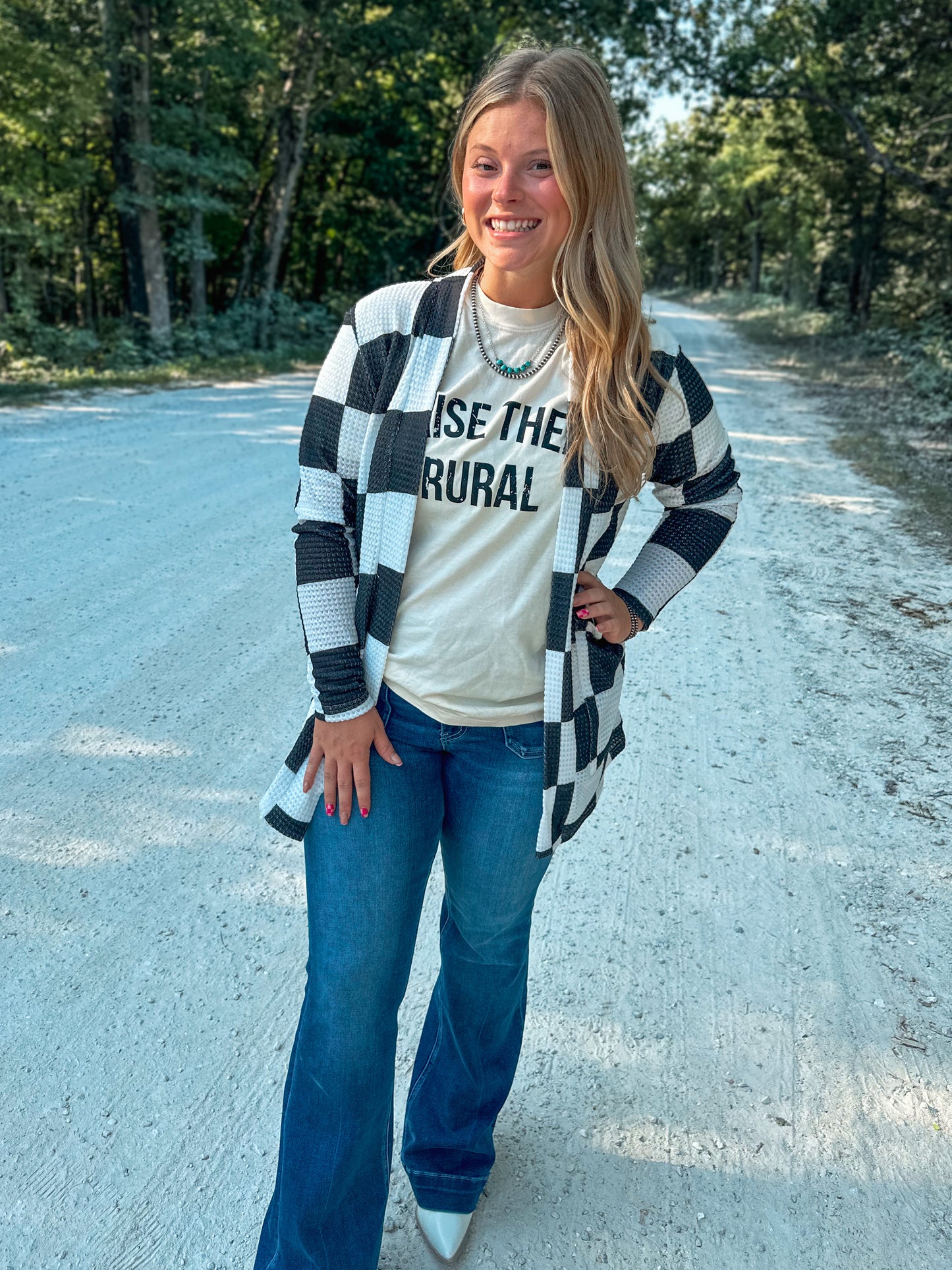 Lola Checkered Print Cardigan in Black