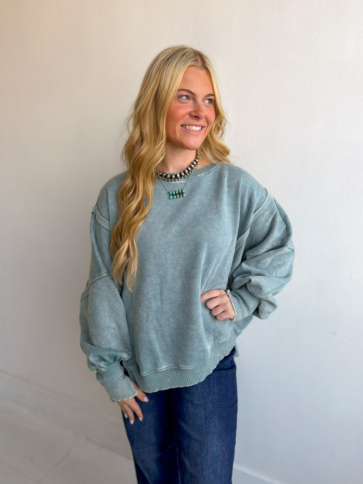 Ash Blue Acid Wash Hi-Low Pullover