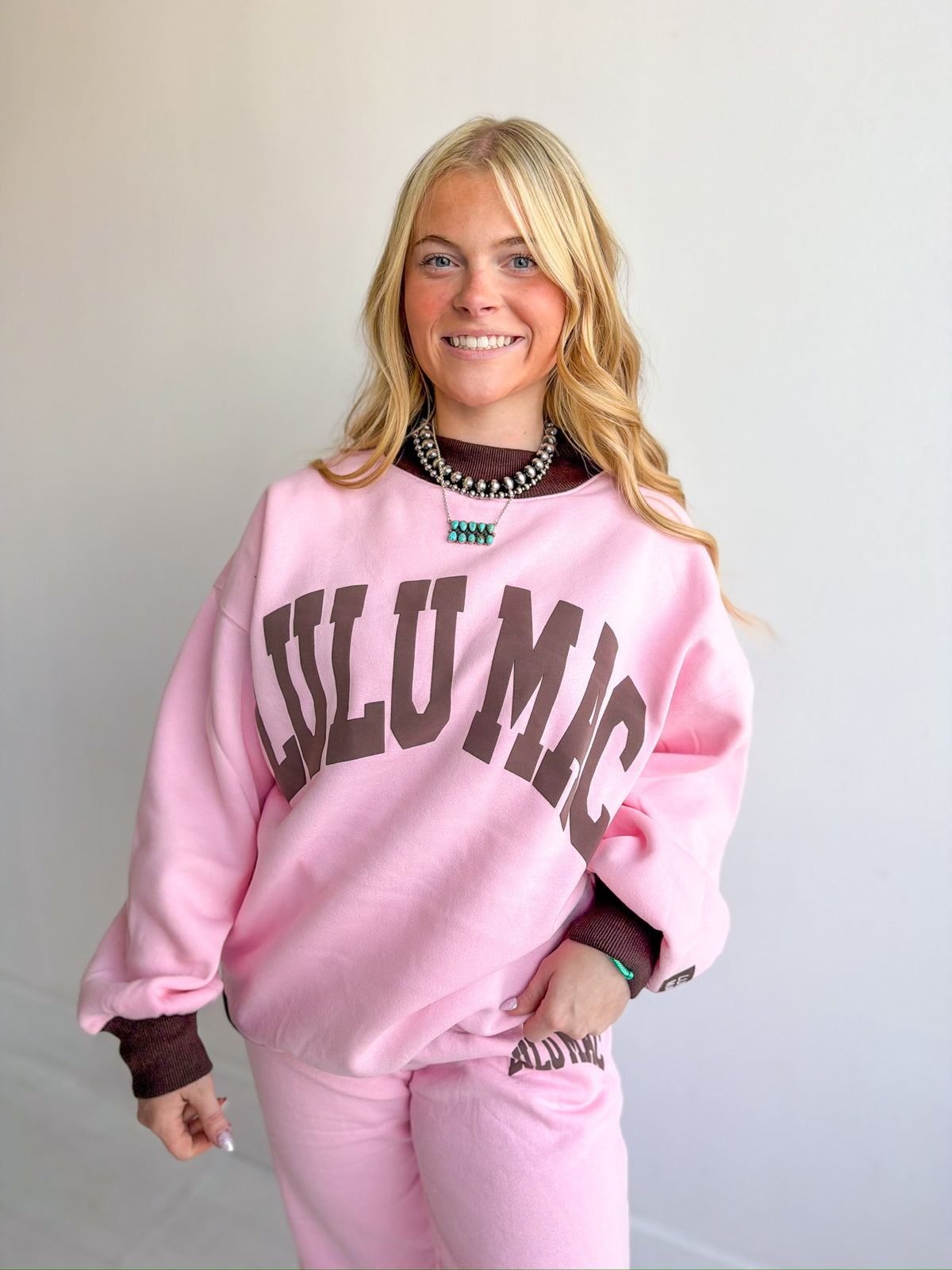 Lulu Mac: Puff Mock Neck Sweatshirt - Light Pink/Brown