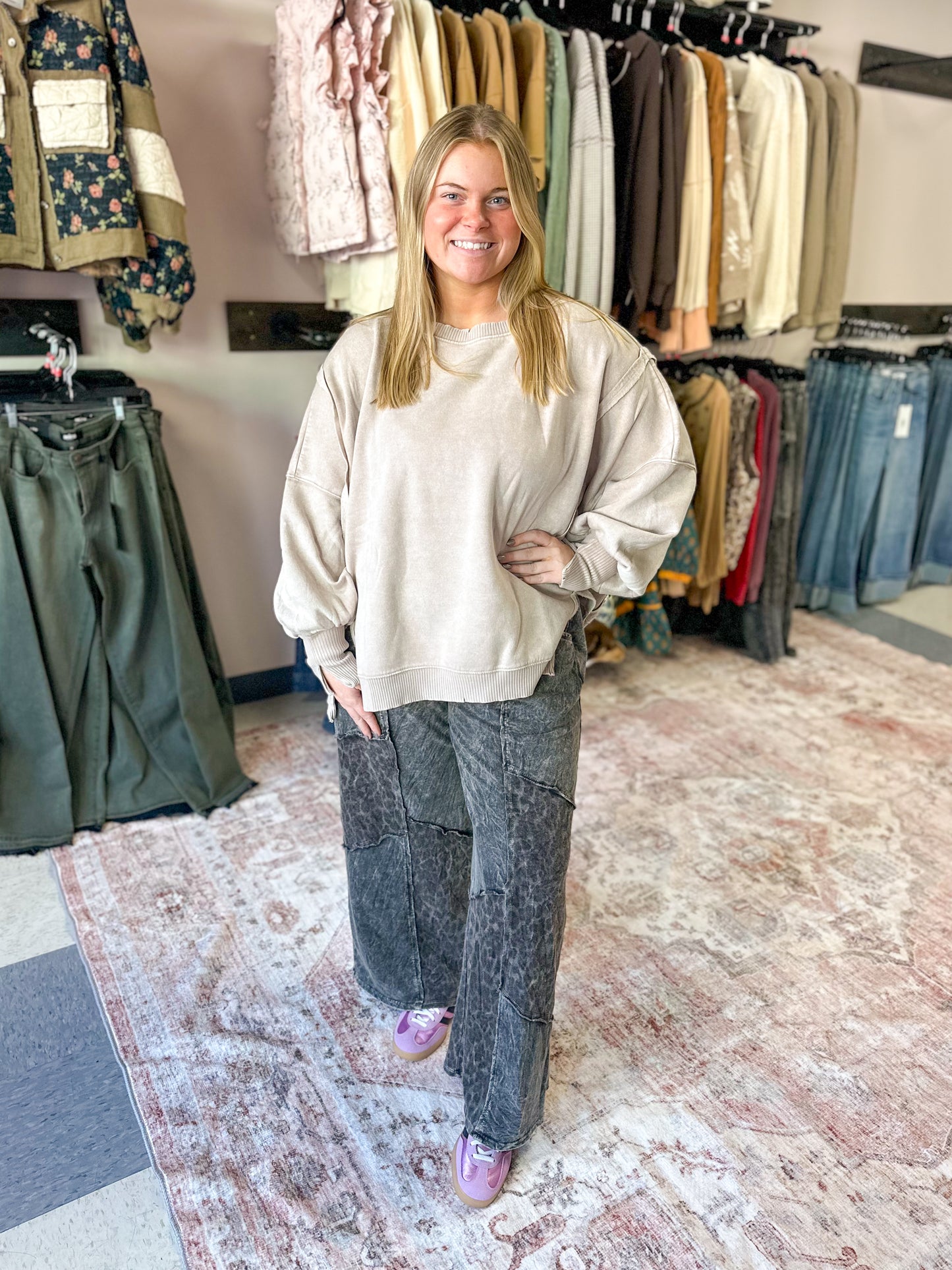 Mocha Acid Wash Hi-Low Pullover