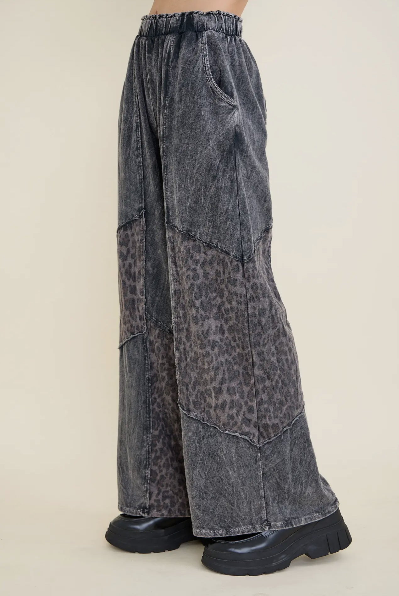 PRE:ORDER Washed Leopard Patchwork Wide Leg Pants