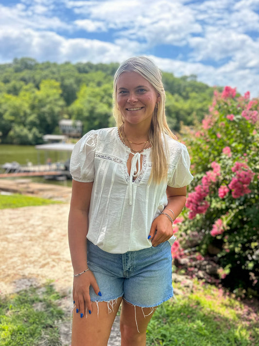 Evelyn Embroidered Lace Top in Ivory