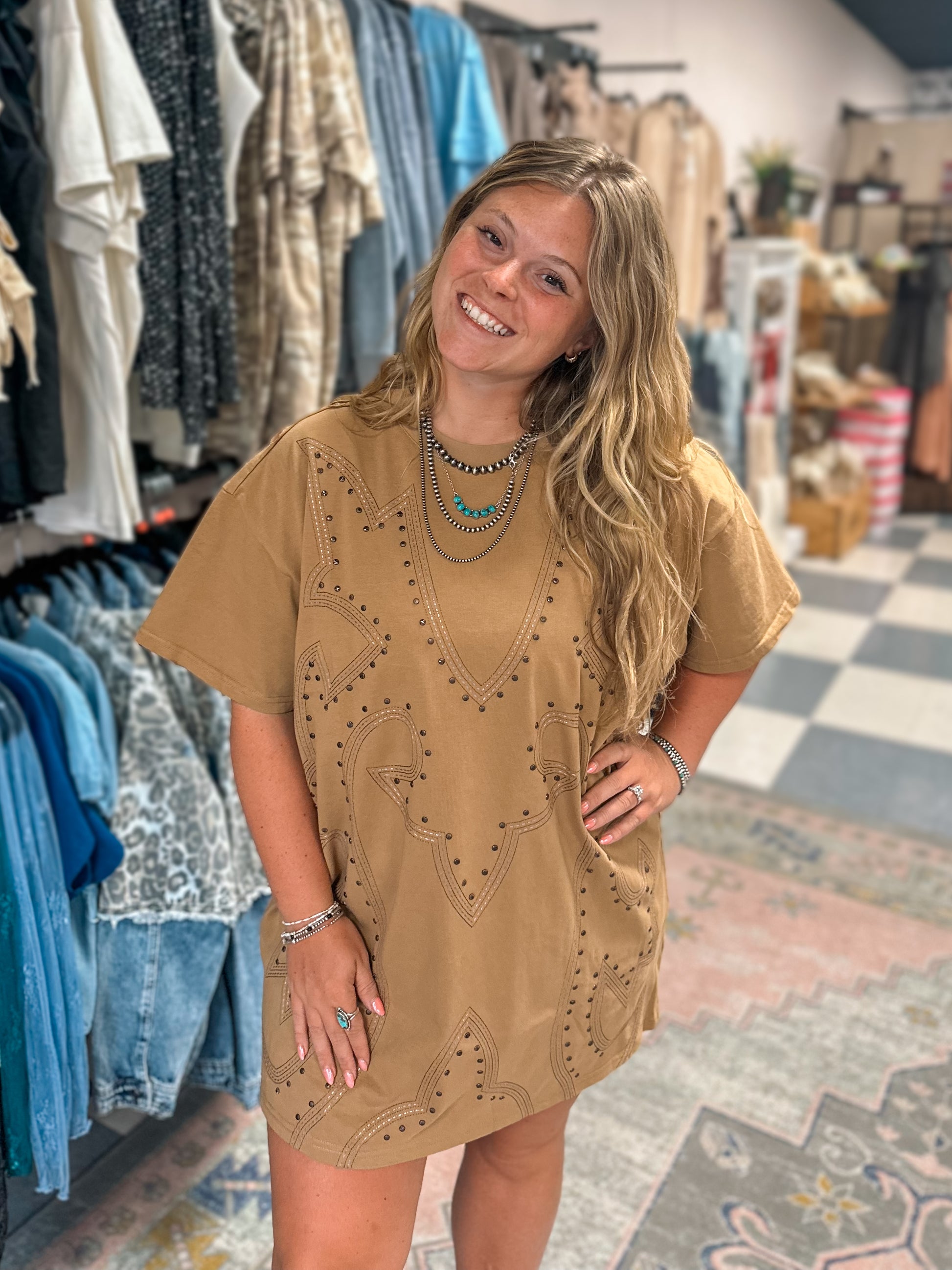 western t shirt dress Graphic Dresses for Women Hazel & Olive this country concert outfit is perfect for rodeos The Studded Western T-Shirt Dress