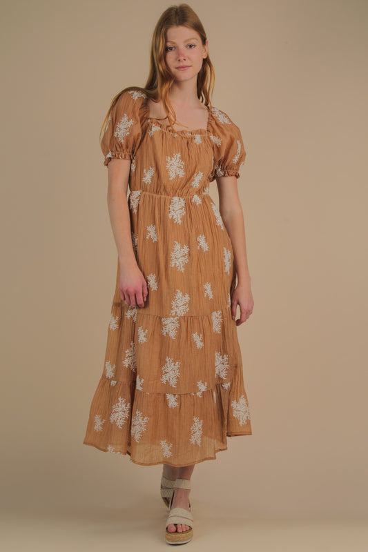 Embroidered Puff Sleeve Midi Dress