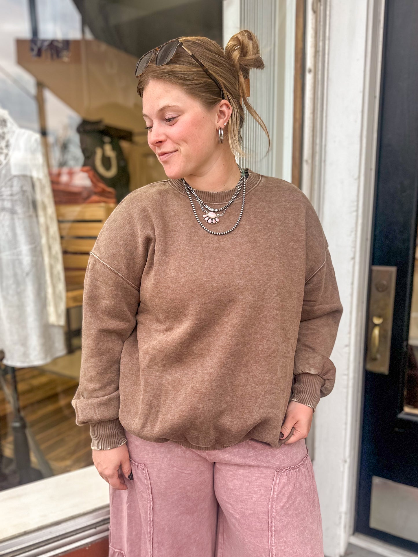 Mocha Washed Oversize Fleece Pullover