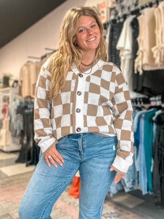 Tan Checkered Print Knitted Sweater