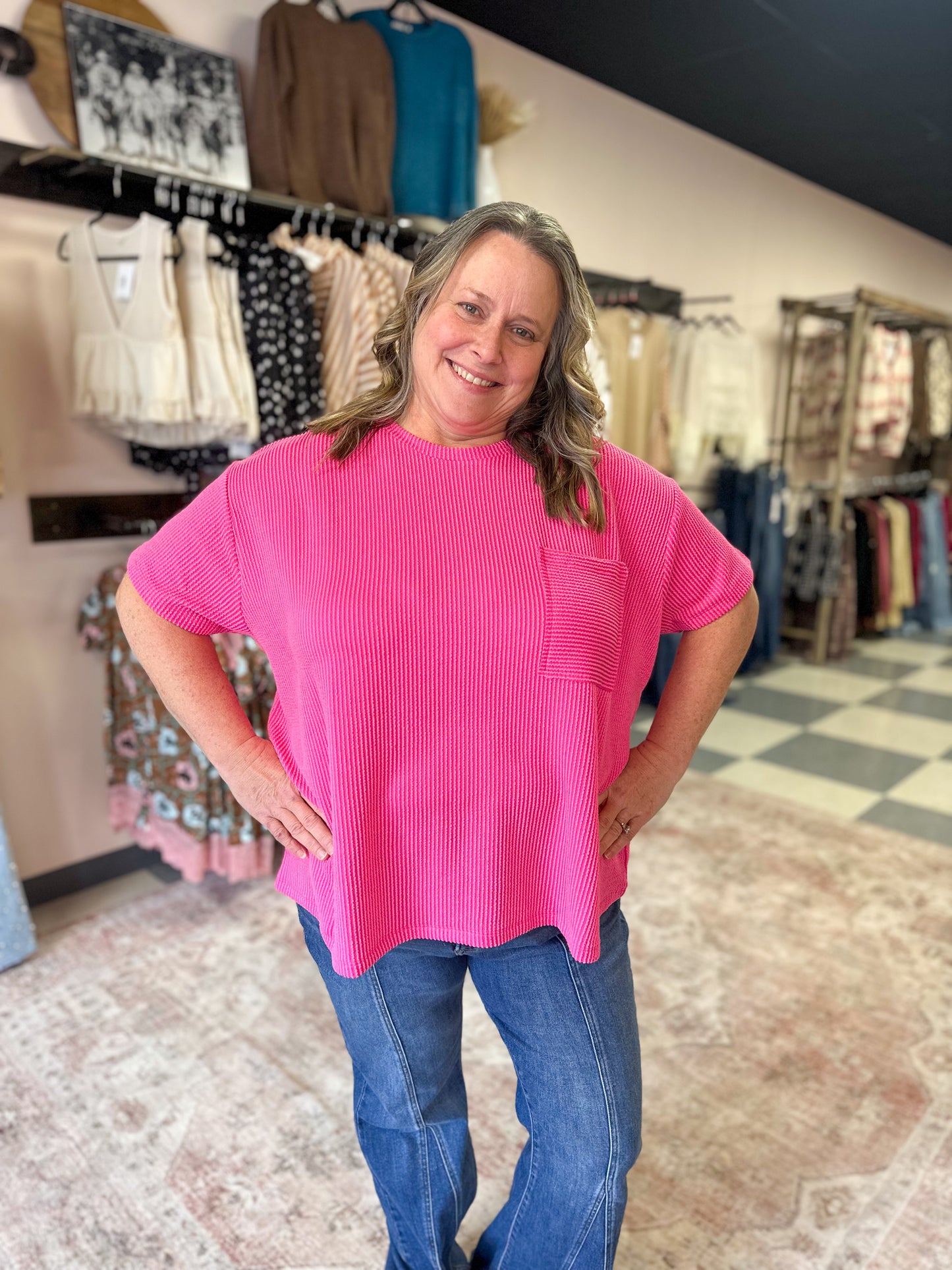 Hot Pink Ribbed Pocket Tee