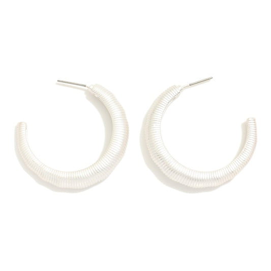 Silver Ribbed Tapered Hoop Earrings