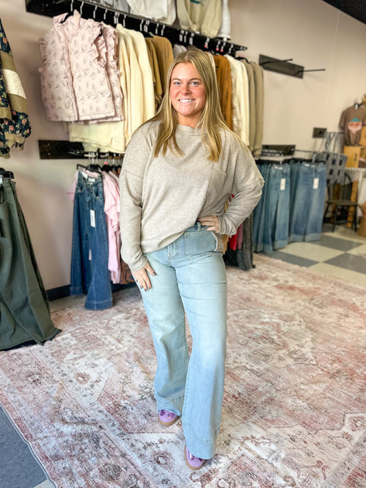 Heather Mocha Ribbed Melange Front Pocket Top