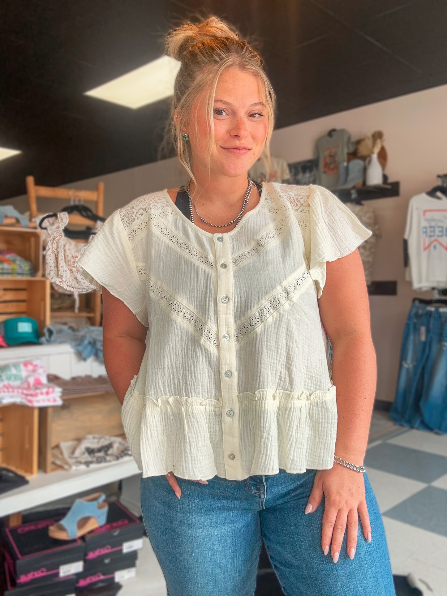 Ivory Lace Button Down Babydoll Top