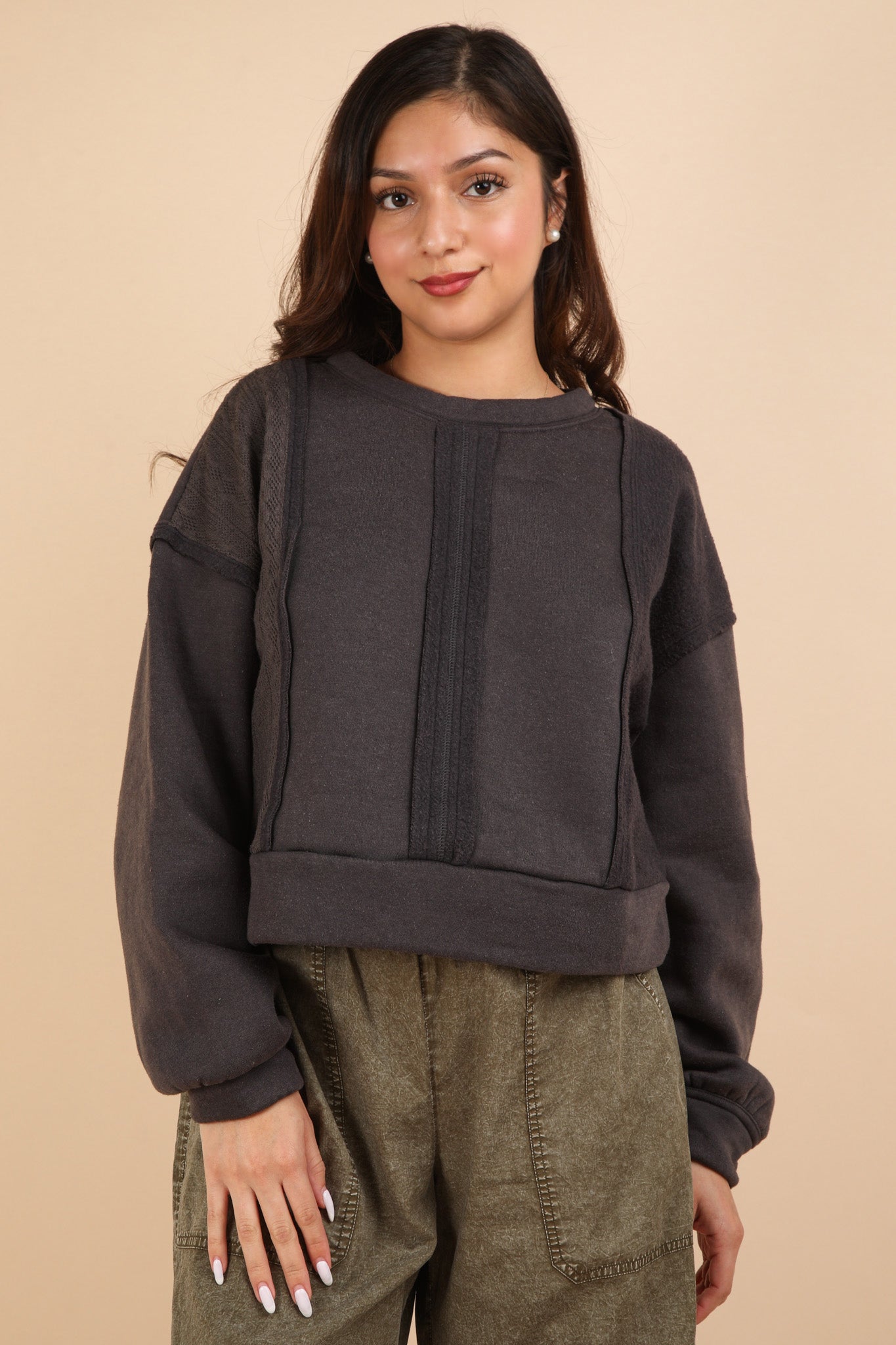 Cable Knit Contrast Oversized Cozy Pullover in Charcoal