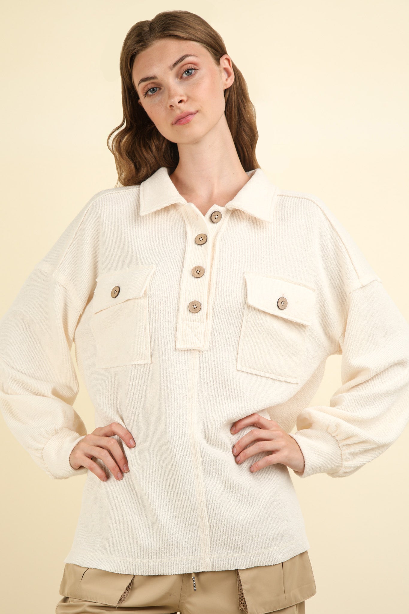 Henley Collared Button Down Knit Top in Cream