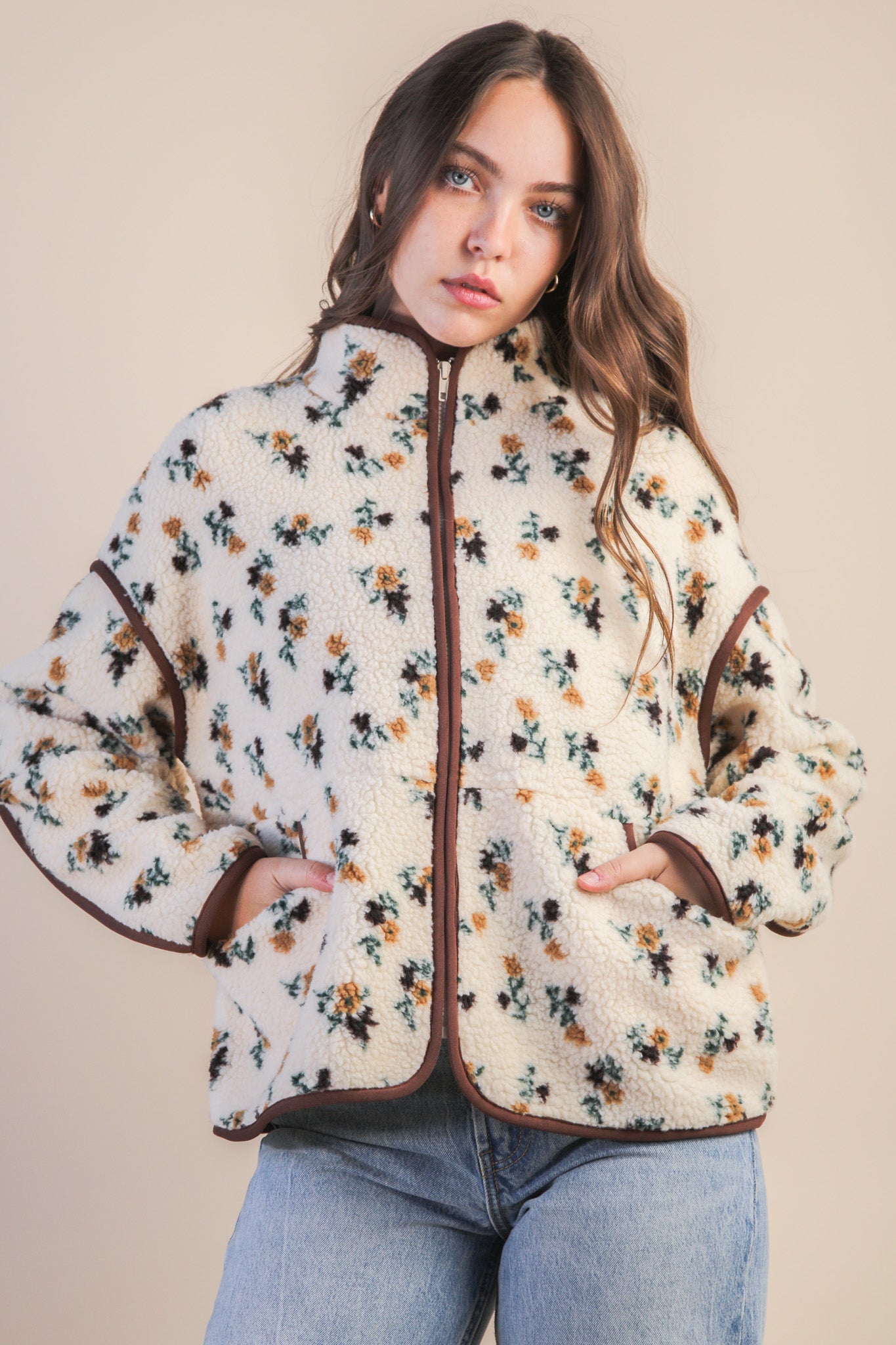 Floral Printed Fleece Sherpa Jacket