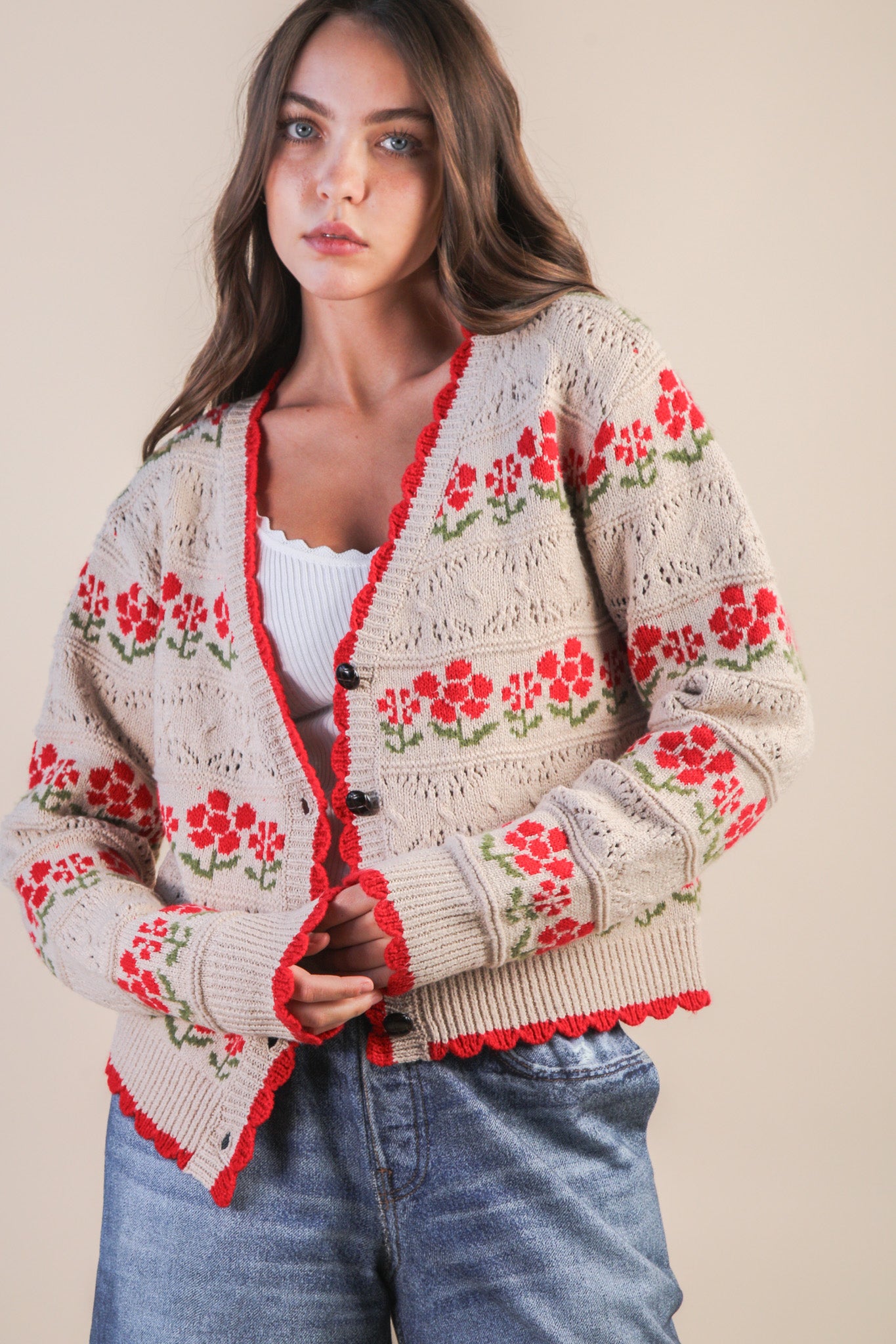 Floral Detail Knit Sweater Cardigan