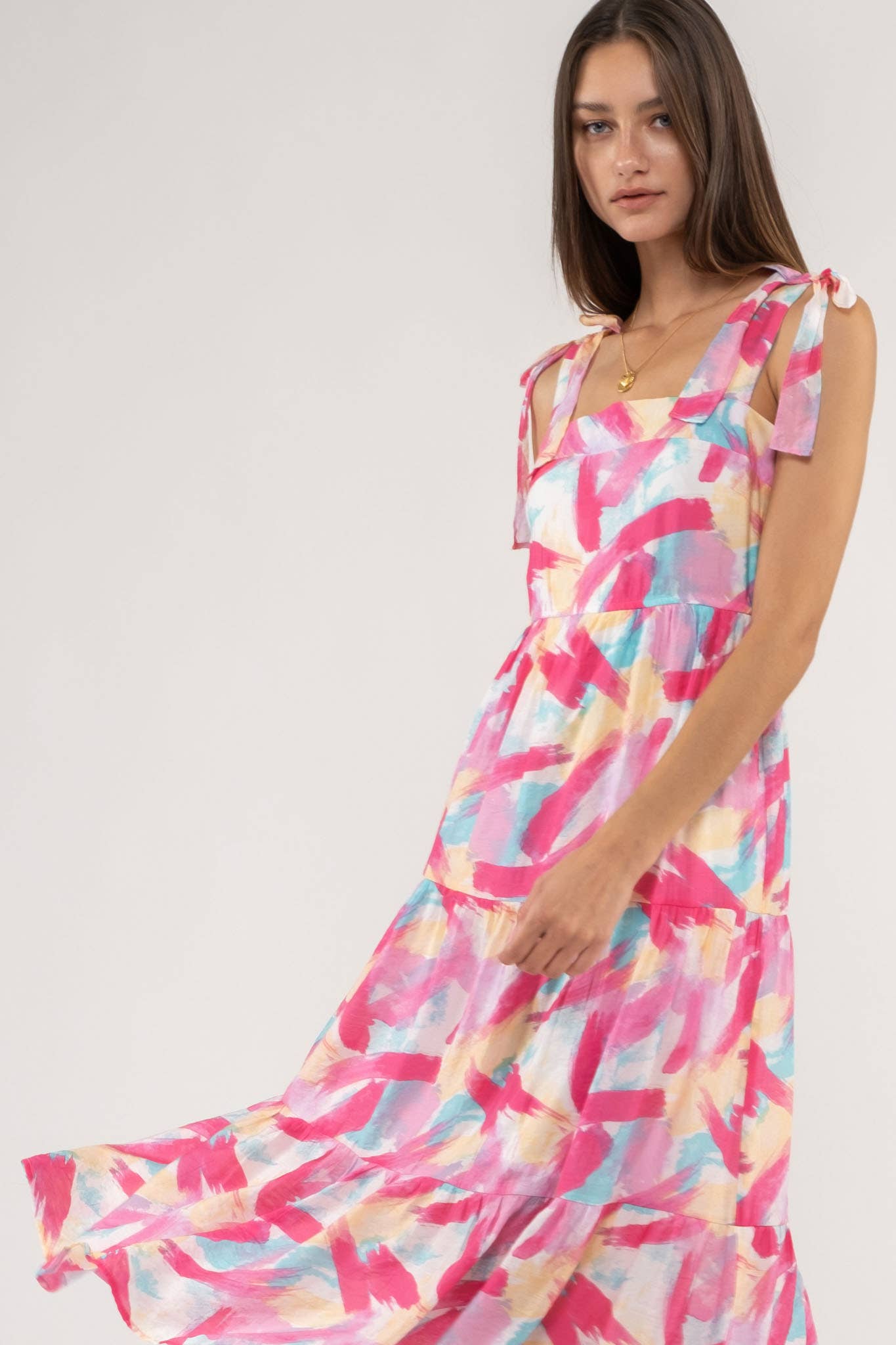 Pink Brush Stroke Print Tiered Midi Dress