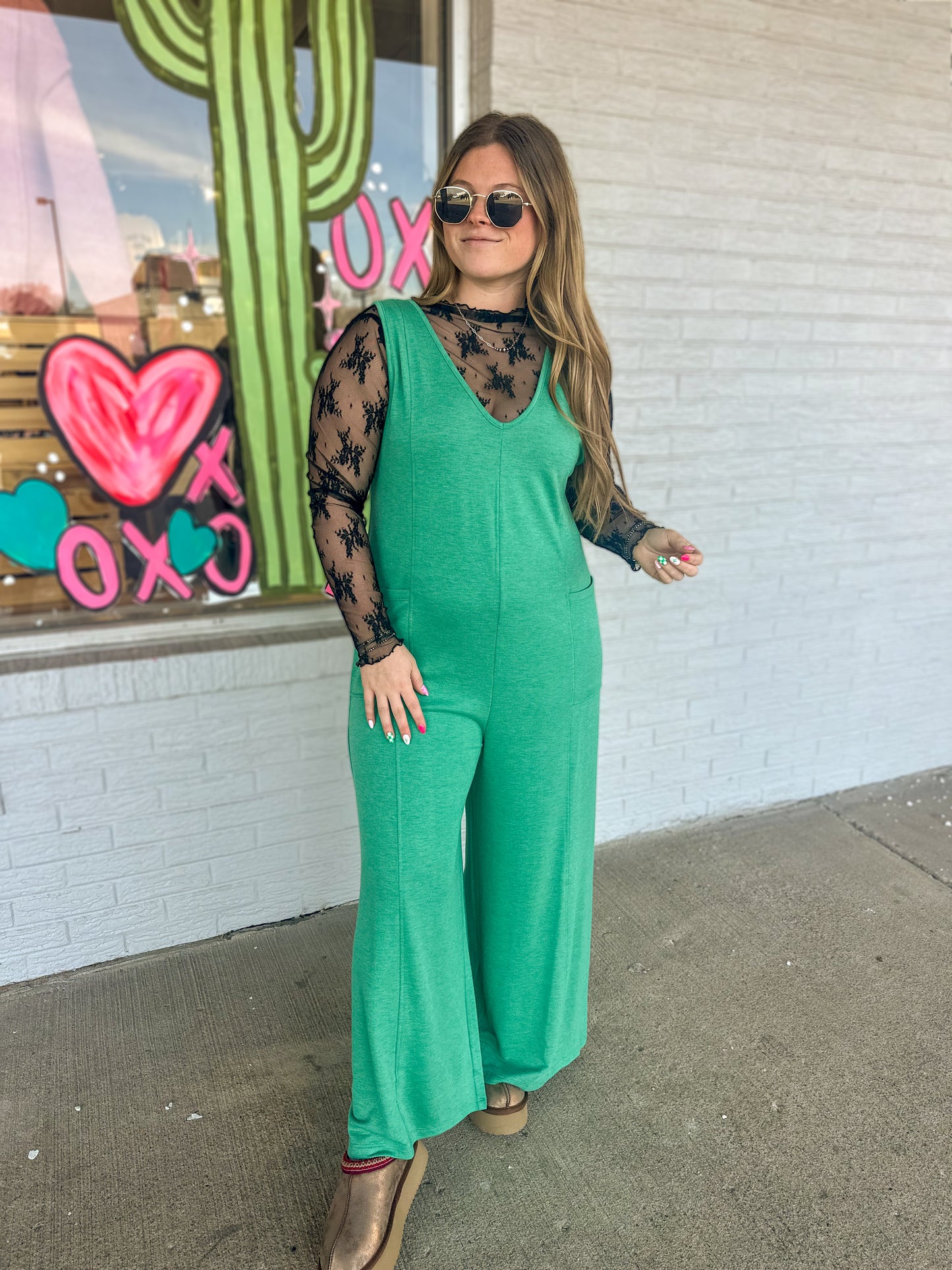 Kelly Green French Terry V-Neck Jumpsuit