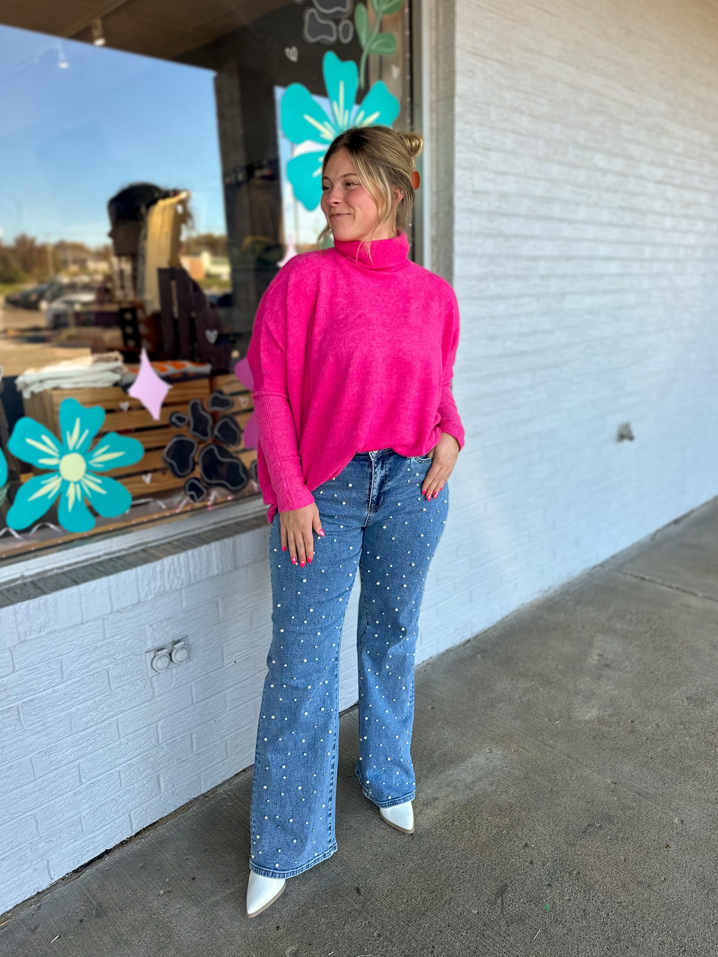 Fuchsia Brushed Melange Hacci Turtleneck Sweater