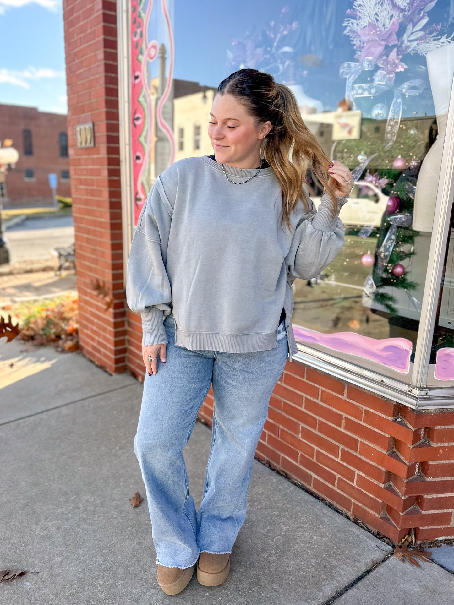 Sleet Grey Acid Wash Hi-Low Pullover