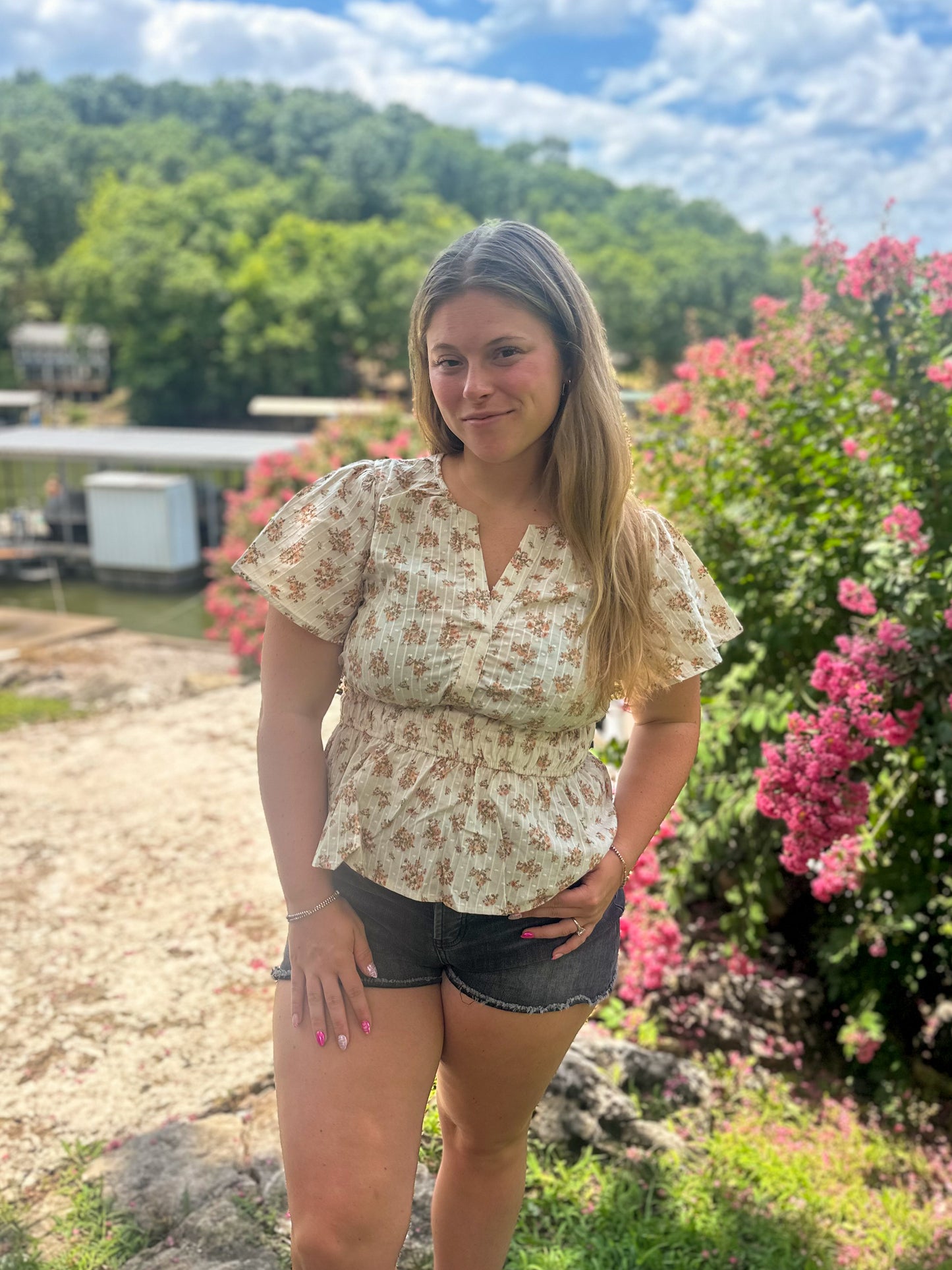 Peach Floral Split Neck Top