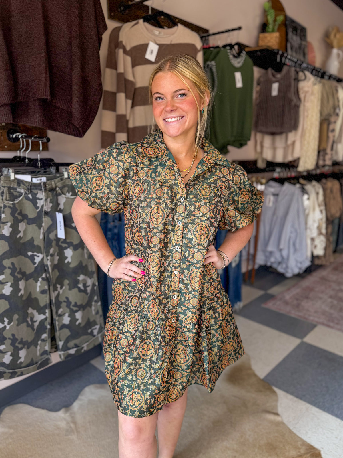 Vintage Hunter Green Puff Sleeve Dress