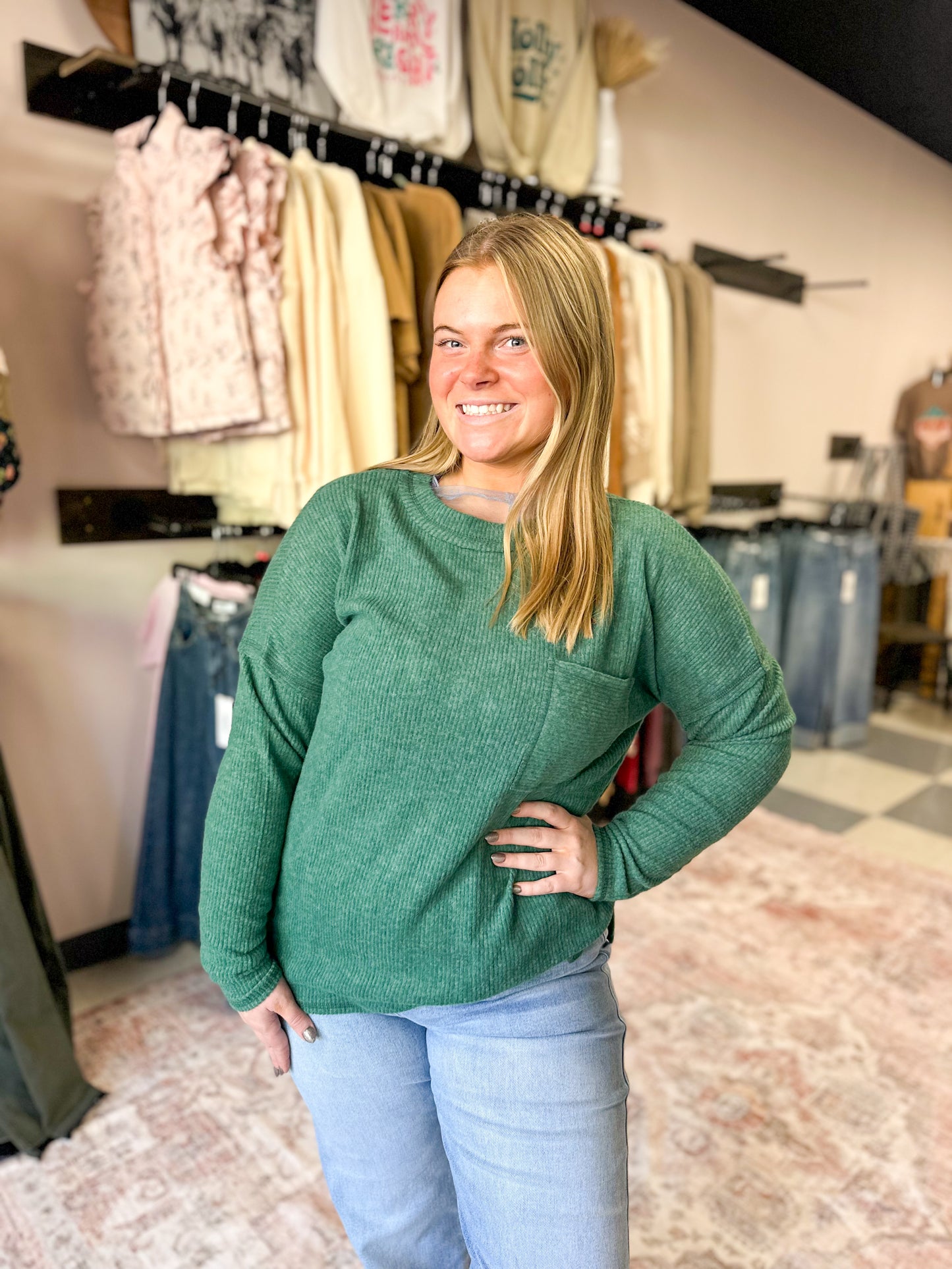 Dark Green Ribbed Melange Front Pocket Top