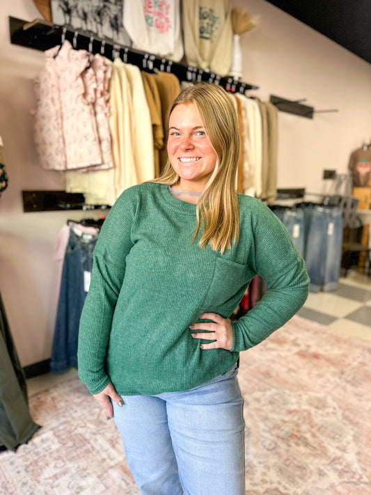 Dark Green Ribbed Melange Front Pocket Top