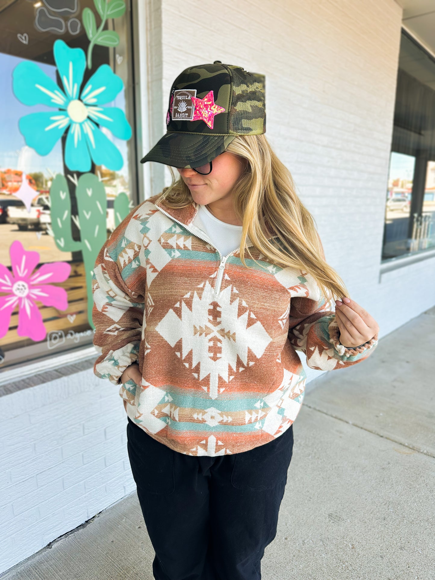 CURVY Aztec Printed Henley Woven Pullover Top