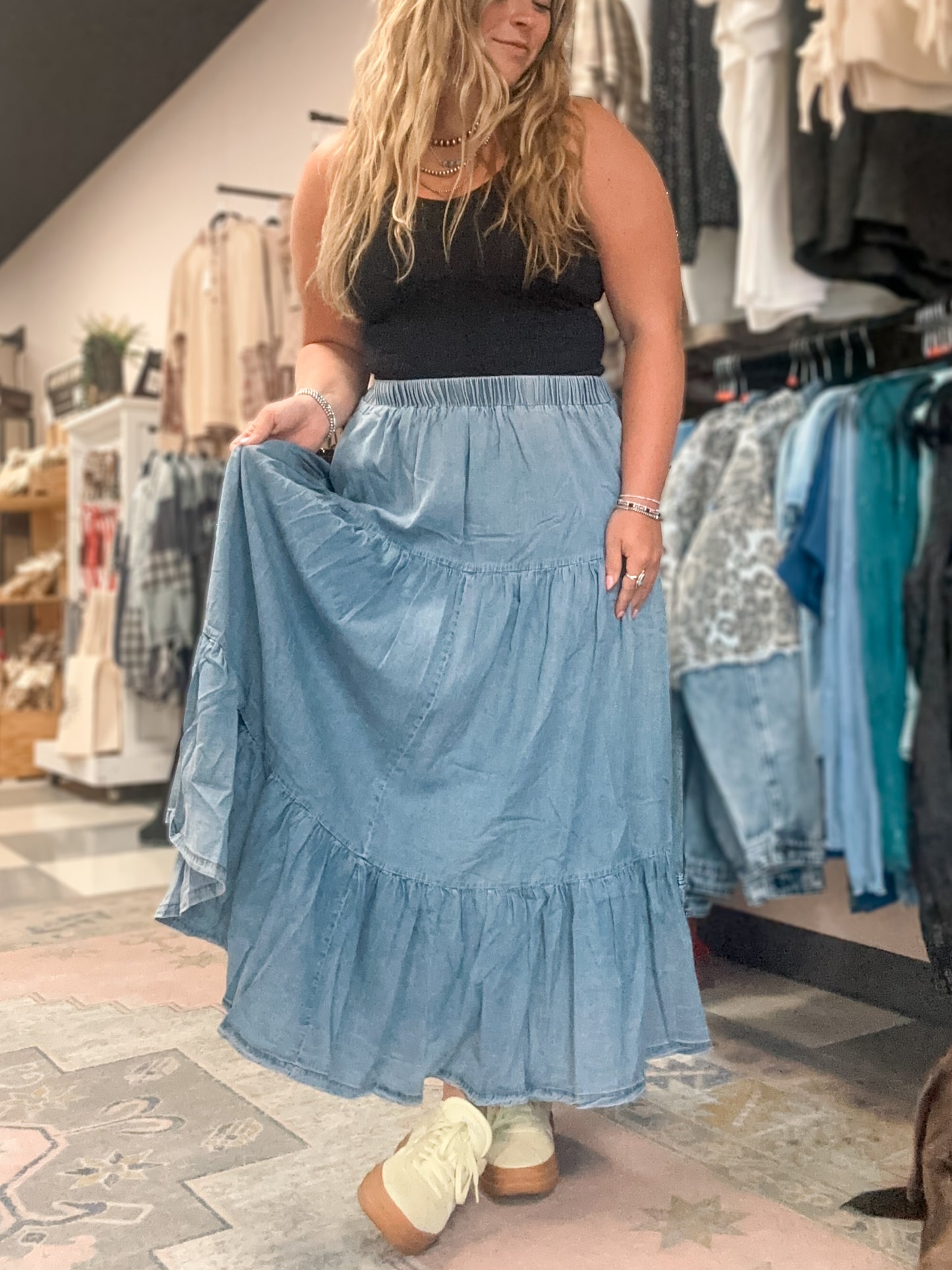 Washed Denim Flowy Maxi Skirt