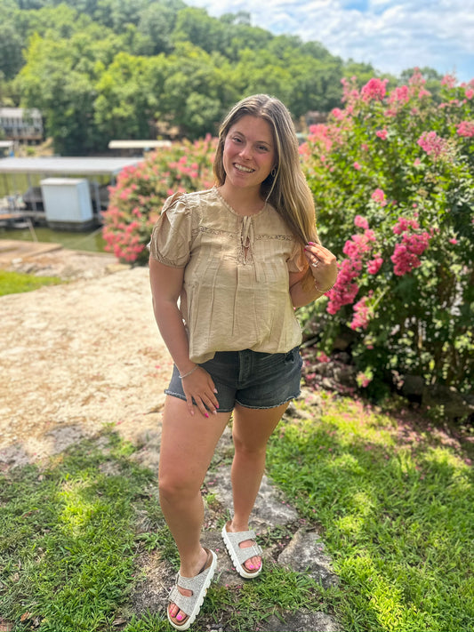 Evelyn Embroidered Lace Top in Khaki