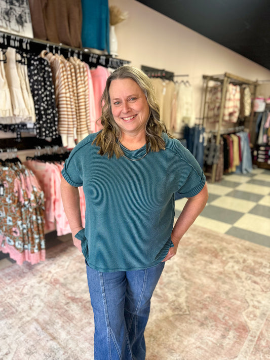 Teal Ribbed Cuff Sleeve Top