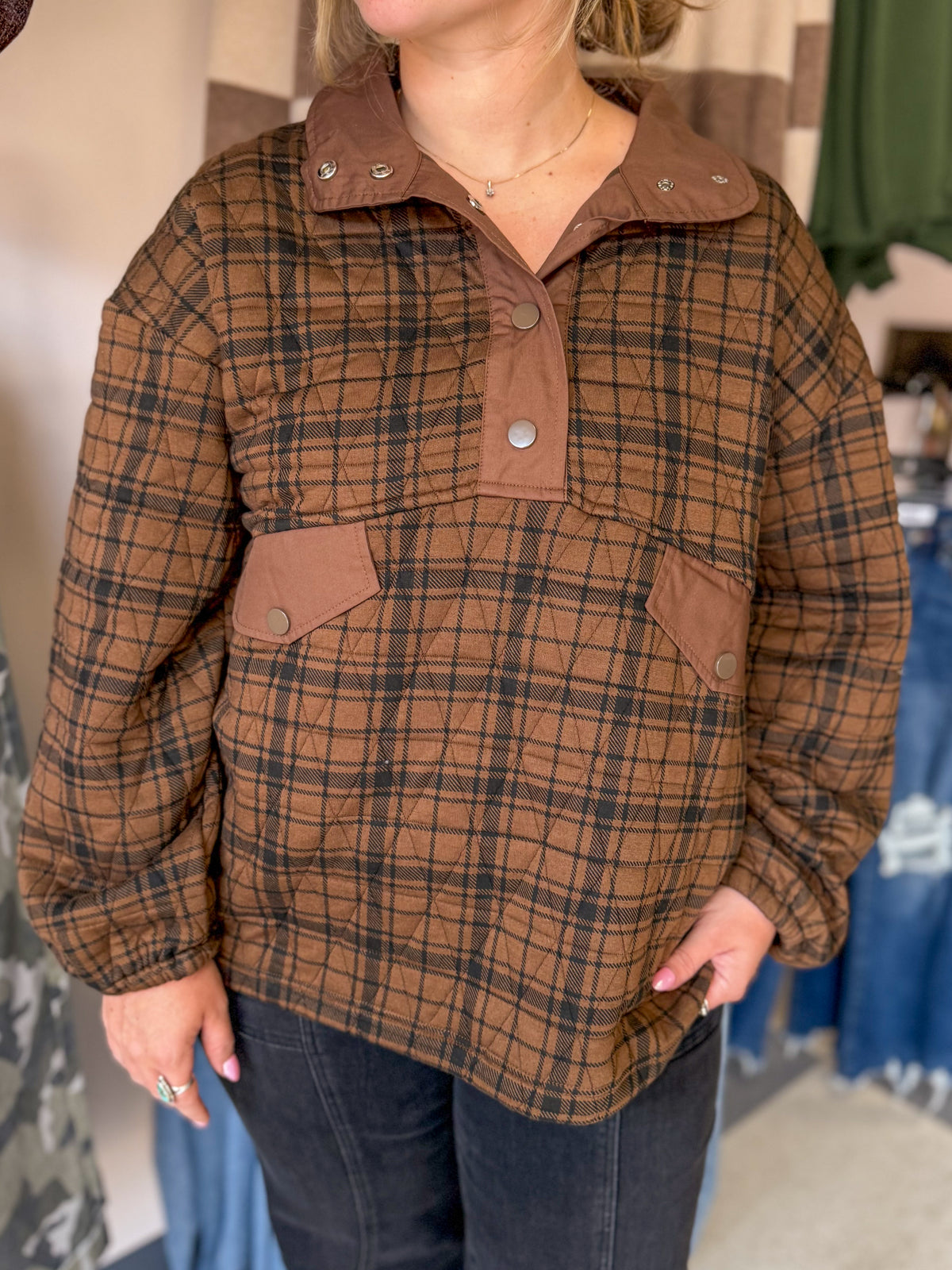 Chocolate Quilted Snap Button Pullover
