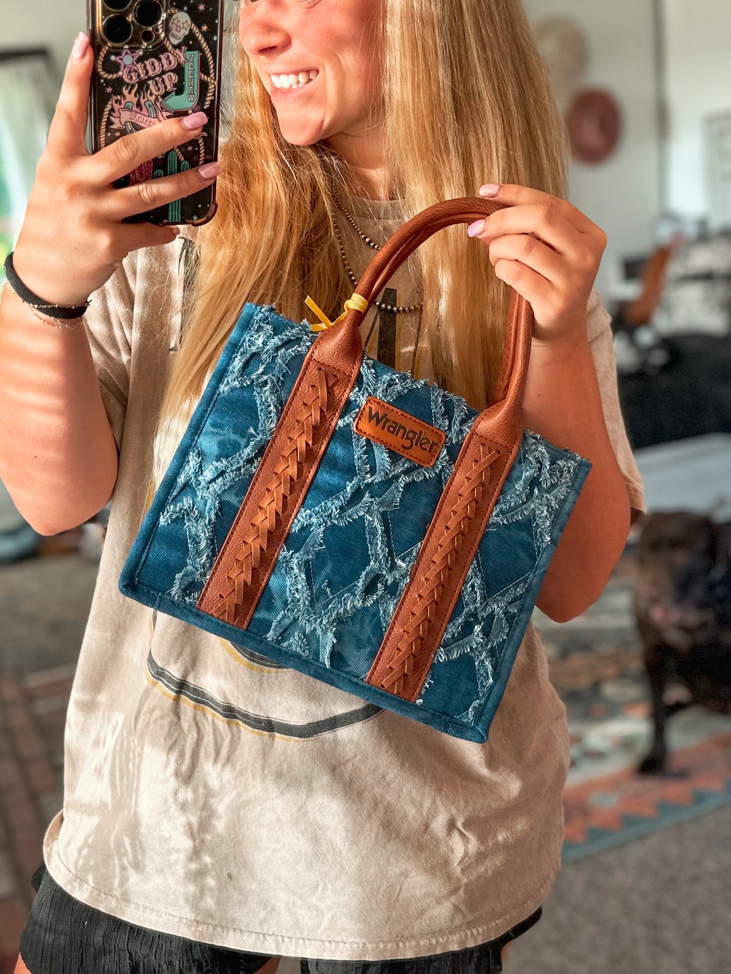 Denim Geometric Tote Bag