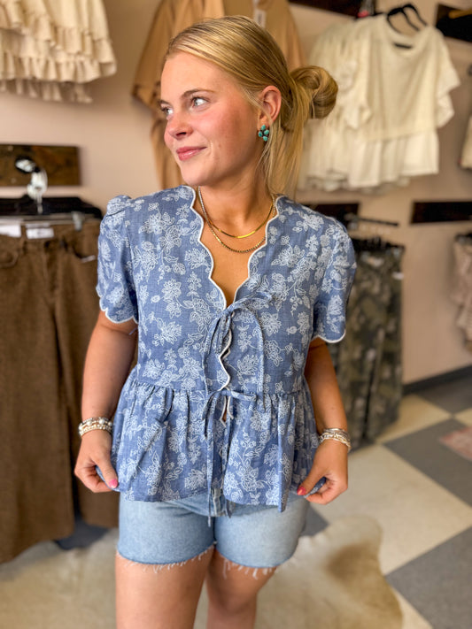 Floral Embroidery Front Tie Top