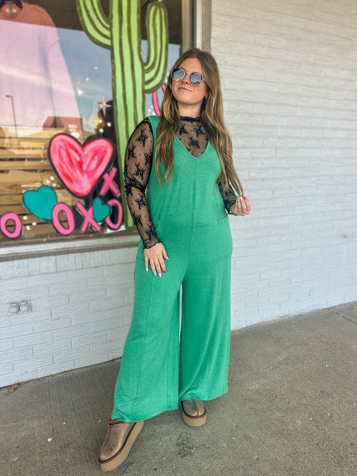 Kelly Green French Terry V-Neck Jumpsuit