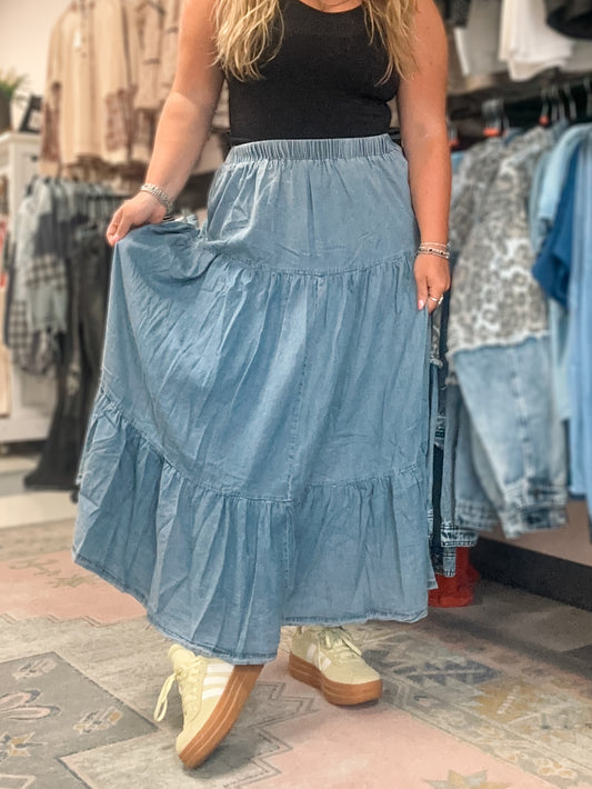 Washed Denim Flowy Maxi Skirt