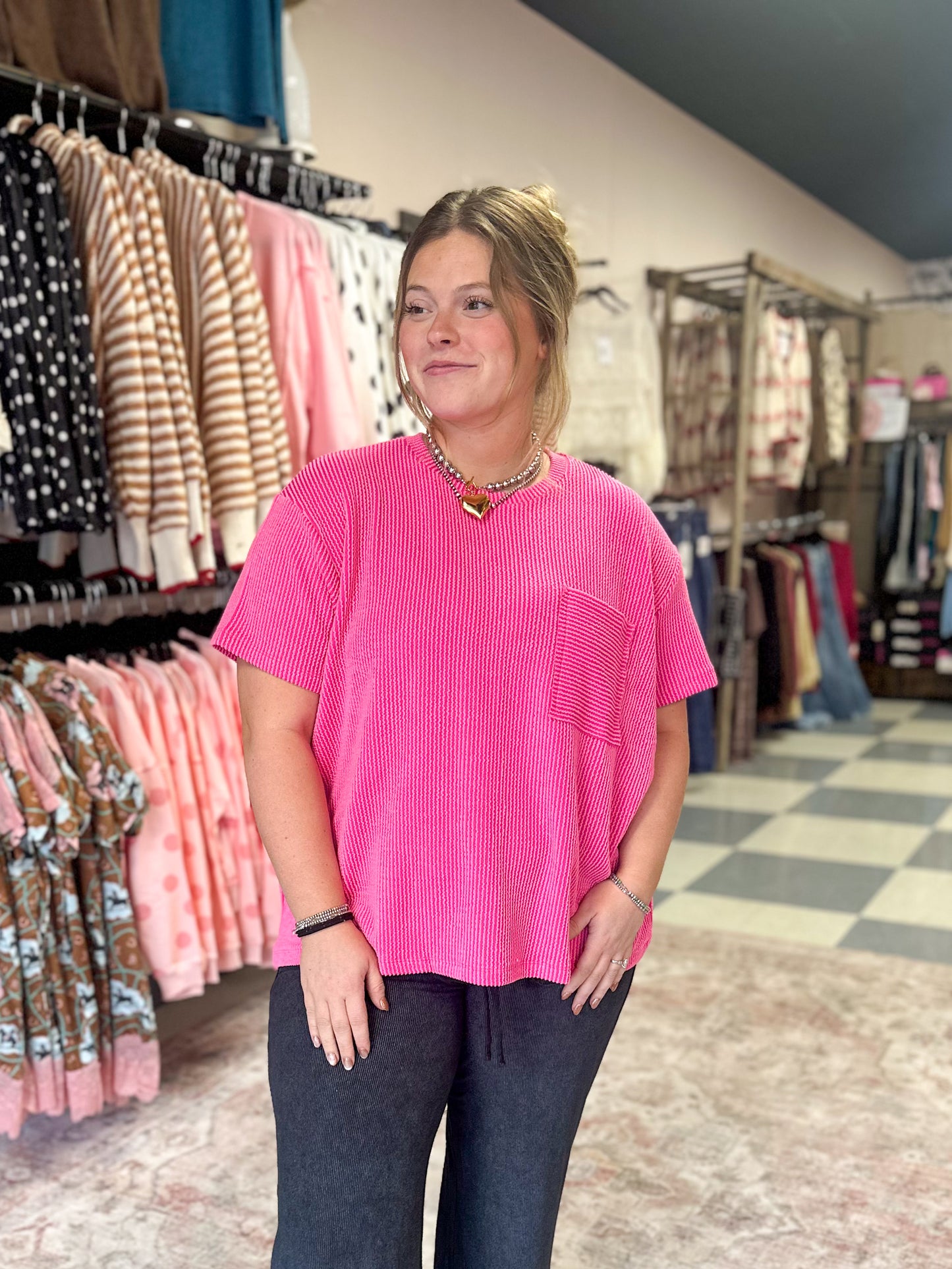 Hot Pink Ribbed Pocket Tee