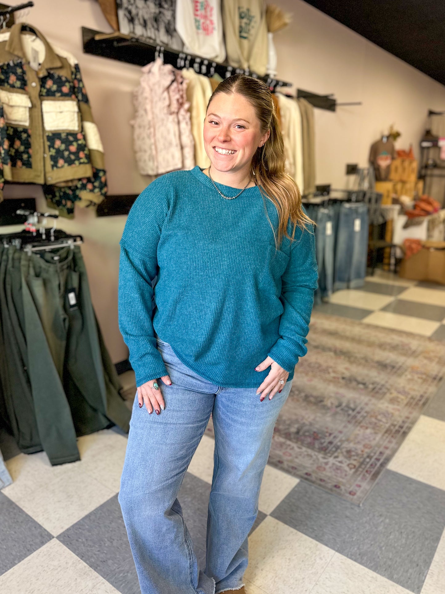 Teal Ribbed Melange Front Pocket Top