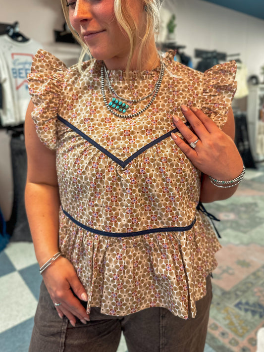 Floral Mock Neck Ruffle Top