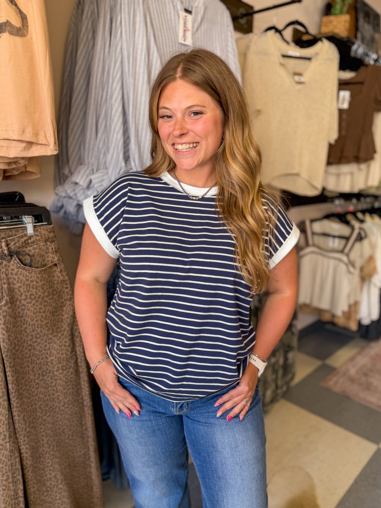Cap Sleeve Striped Tee in Navy