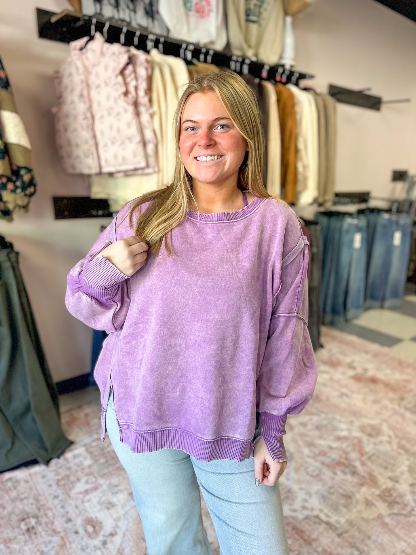 Bright Purple Acid Wash Hi-Low Pullover