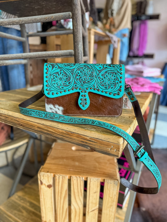 Alia Turquoise Tooled Cowhide Crossbody Bag