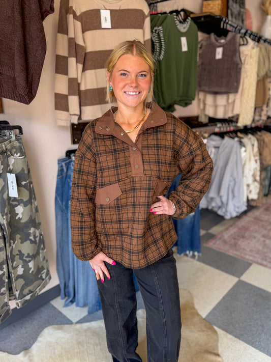 Chocolate Quilted Snap Button Pullover