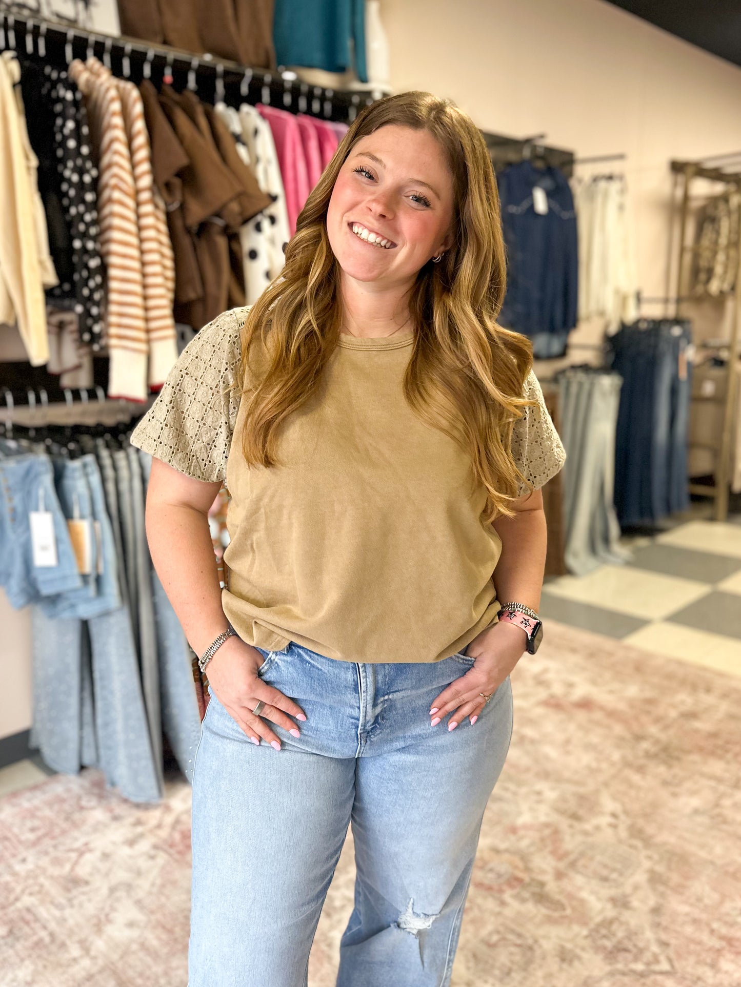 Mocha Puff Knitted Sleeve Top